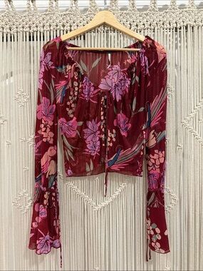 Free People Mesh Floral Long Flounce Sleeve Tie-Front Blouse in Maroon